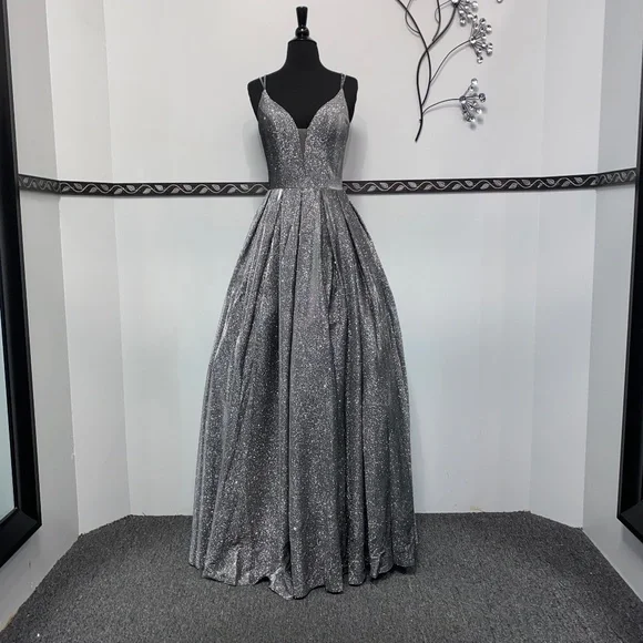 formal charcoal dress ASHLEYlauren 11426 Beaded Satin A-Line Evening Gown main image 0